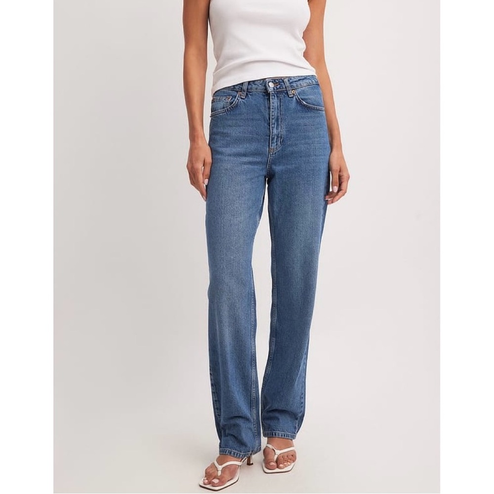 NA-KD Organic Straight High Waist Jeans Blue Denim Button Fly Size 32 = XXS